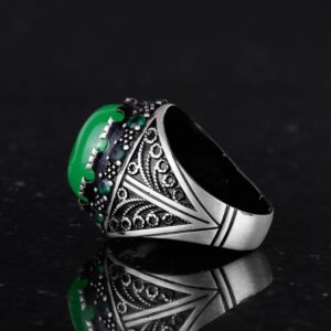 Doğal Yeşim Taşı Yüzük - El Yapımı 925 Ayar Gümüş Erkek Şık Takı - Görsel 7