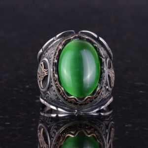 Yeşil Catseye Yapay Taş Yüzük, Osmanlı Tugra Gümüş Yüzük, 925 Ayar Gümüş Yapay Taş Yüzükler - Çeşitli ve Farklı Koleksiyon - Görsel 4