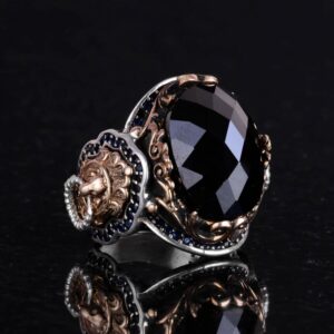 925 Ayar Gümüş Erkek Yüzük, El Yapımı Aslan Başı Erkek Yüzük, Zarif El Yapımı Gümüş Yüzük (Oluşturulmuş Obsidiyen) - Görsel 4