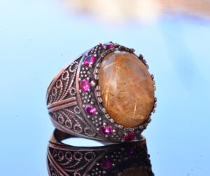 Doğal Altın Rutilat Kuvars ve Yakut Aksesuarlı - 925 Ayar Gümüş Erkek Yüzük - Görsel 5