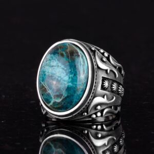 Gerçek Doğal Krysokolla Taşlı Yüzük, 925 Ayar Sert Gümüş Erkek Yüzüğü, Tasarım Gümüş Erkek Yüzüğü - Görsel 6