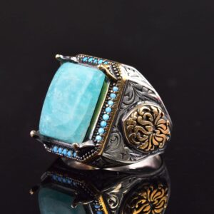 Gerçek Doğal Amazonit Taş Yüzük, Kral Yüzüğü, 925 Ayar Gümüş Yüzük Erkekler İçin - Görsel 3