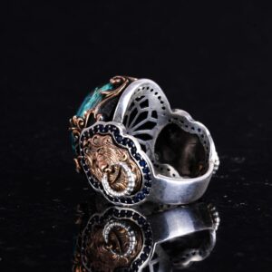 925 Ayar Katı Gümüş Erkek Yüzük, Gerçek Doğal Krysokolla Taşı Yüzük, Aslan Başı Yüzük - Görsel 6