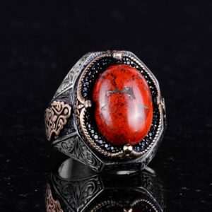 Doğal Kırmızı Kan Taşı Yüzük - 925 Ayar Katı Gümüş Yüzük Erkekler İçin - Görsel 6