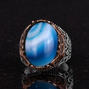 Gerçek Doğal Taş El Yapımı Yüzük - 925 Ayar Gümüş El Yapımı Yüzük - Şık Farklı Yüzük (Mavi Akik) - Görsel 6