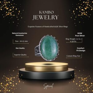 Gerçek Doğal Taş Yüzük - 925 Ayar Gümüş Büyük Yüzük - El Yapımı Yüzük (Aventurin) - Görsel 2