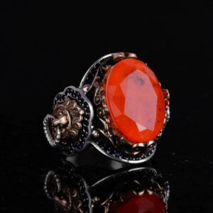 925 Ayar Gümüş Yüzük, Turuncu Paraiba Yapay Taş Yüzük, El Yapımı Aslan Başlı Erkek Yüzüğü - Görsel 4