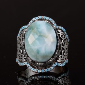 El Yapımı 925 Ayar Gümüş Erkek Yüzük - Doğal Taşlı Tasarım (Larimar) - Görsel 6