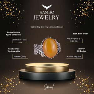 Gerçek Doğal Sarı Akik Taşlı Kadın Yüzüğü, Vintage Bohem Tasarım - Görsel 2