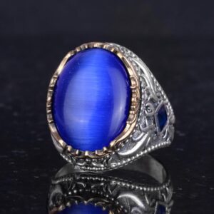 Yapay Taş Yüzük - El Yapımı Erkek Yüzüğü - Şık 925 Ayar Gümüş Erkek Yüzüğü (Yapay Mavi Kedi Gözü) - Görsel 6