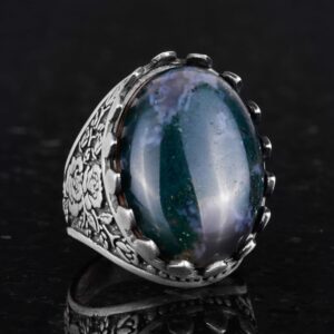 Gerçek Doğal Yosunlu Akik Taş Yüzük - Gül Desenli Yüzük - 925 Ayar Gümüş Yüzük - El Yapımı Büyük Yüzük - Görsel 5