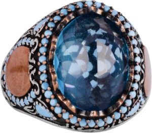 Akvamarin Cam Taşlı Yüzük - El Yapımı Erkek Yüzüğü - Şık 925 Ayar Gümüş Erkek Yüzüğü