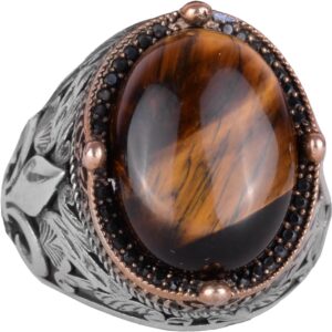 925 Ayar Gümüş El Yapımı Erkek Yüzük - Çeşitli Doğal Taşlarla Mevcut (Kaplan Gözü) - Görsel 1