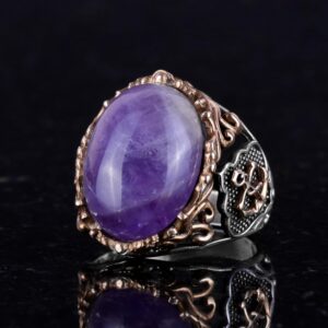 Gerçek Doğal Ametist Taşlı Yüzük, 925 Ayar Katı Gümüş Yüzük, Denizci Çapa Gümüş Yüzük - Görsel 4