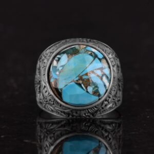 Gerçek Doğal Turkuaz Taşlı, Ayrıntılı Çiçek Tasarımlı Gümüş Erkek Yüzük - Görsel 4