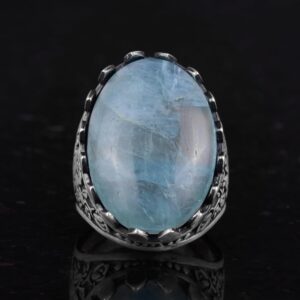 Gerçek Doğal Taş Akuamarin Yüzük - Gül Desenli Yüzük - 925 Ayar Gümüş Yüzük - El Yapımı Büyük Yüzük - Görsel 4