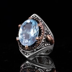 Gerçek Doğal Mavi Londra Topaz Taşlı Yüzük, Gümüş Erkek Kral Yüzüğü - Görsel 5
