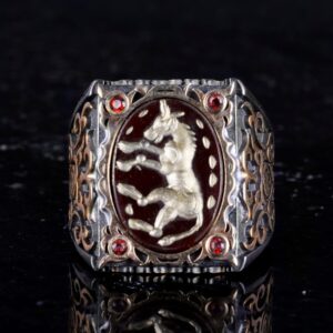 Gerçek Doğal Agat Taşından At Yüzüğü - Oymalı ve Gravürlü Taş 925 Ayar Gümüş Erkek Yüzüğü - Görsel 4