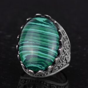 Gerçek Doğal Taş Yüzük - Gül Desenli Yüzük - 925 Ayar Gümüş Yüzük - El Yapımı Büyük Yüzük (Malaşit) - Görsel 6