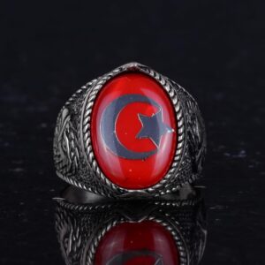 Erkek Ay Yıldız Kartal Yüzük - 925 Ayar Gümüş Yüzük - Hilal ve Yıldız Tasarımı - Türk Ay Yıldız Bayrağı Kartal Tasarım Yüzük (Kırmızı) - Görsel 4