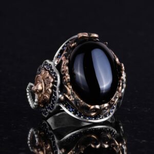 Oniks Taşlı Yüzük, El Yapımı Aslan Başı Erkek Yüzüğü, 925 Ayar Gümüş Tasarım Erkek Yüzüğü - Görsel 4