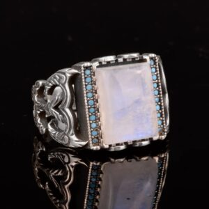 Erkekler için Doğal Aytaşı Taş Yüzük, Turkuaz Aksanlarla, 925 Ayar Gümüş El Yapımı Vintage Tarzı - Görsel 5