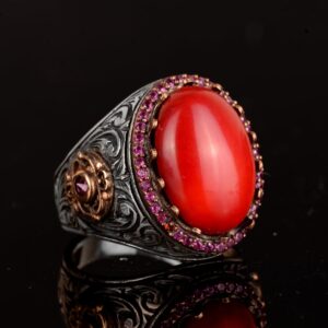 Gerçek Doğal Koral Taş Yüzük, 925 Ayar Gümüş Yüzük, Oval Kırmızı Koral Yüzük - Görsel 4