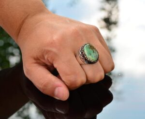 Gerçek Arizona Yeşil Turkuaz Taşı Yüzük, 925 Ayar Gümüş Yüzük Erkekler İçin - Görsel 7