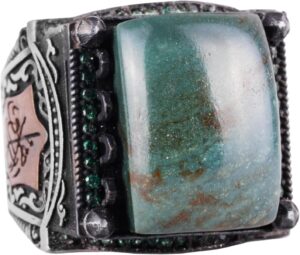 Sterling Gümüş Erkek Yüzük - Doğal Jade Taşlı - İslami Tasarım - El Yapımı Vintage Yüzük - Görsel 1
