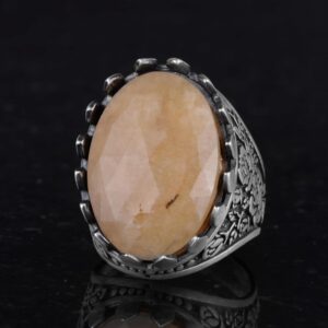 Gerçek Doğal Taş Yüzük - Gül Desenli Yüzük - 925 Ayar Gümüş Yüzük - El Yapımı Büyük Yüzük (Sarı Safir) - Görsel 5