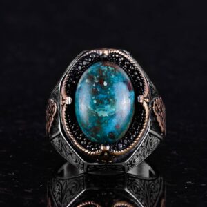 Gerçek Doğal Krysokolla Taşlı Yüzük - 925 Ayar Katı Gümüş Erkek Yüzüğü - Görsel 4