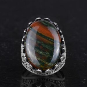 Gerçek Doğal Taş Yüzük - Gül Desenli Yüzük - 925 Ayar Gümüş Yüzük - El Yapımı Büyük Yüzük (Yeşil Kan Taşı) - Görsel 4