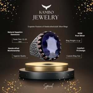 925 Ayar Katı Gümüş Erkek Yüzük Doğal Maden Taşları ile - El Yapımı Şıklık (Mavi Safir Taşı) - Görsel 6