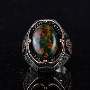 Doğal Yeşil Kan Taşı Taş Yüzük - 925 Ayar Gümüş Yüzük Erkekler İçin, Farklı Yüzük - Görsel 4