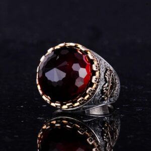 925 Ayar Gümüş Yüzük - Kral Yüzük - Yapay Taş Yüzük - El Yapımı Yüzük Erkekler İçin (Yapay Garnet) - Görsel 6