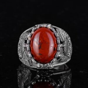 İslam Doğal Kan Taşı Yüzüğü, 925 Ayar Gümüş Yüzük Erkekler İçin, Farklı Yüzük - Görsel 3