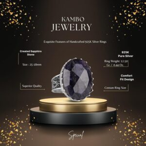 925 Ayar Gümüş Yüzük - Büyük Yüzük - Yapay Taş Gümüş Yüzük - El Yapımı Yüzük (Yapay Safir) - Görsel 2