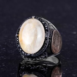 Davud Yıldızı Yüzüğü, Gerçek Doğal Cabochon Altın Rutilli Kuvars Taş Yüzüğü - 925K Katı Gümüş Erkek Yüzüğü - Görsel 6