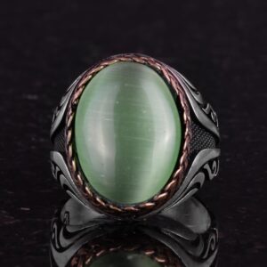 925 Ayar Gümüş Yüzük - Yapay Taş Gümüş Yüzük - El Yapımı Yüzük (Yapay açık yeşil kedigözü) - Görsel 6