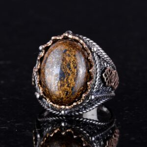 El Yapımı Gerçek Doğal Bronzit Taş Yüzük, 925 Ayar Katı Gümüş Erkek Yüzüğü - Görsel 5