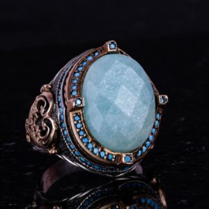 925 Ayar Gümüş Yüzük, Gerçek Doğal Taş Erkek Yüzüğü, El Yapımı Vintage Tasarım (Amazonit) - Görsel 4