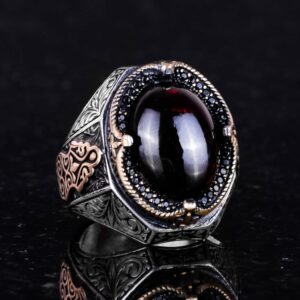 Gerçek Doğal Cabochon Granat Taşlı Yüzük - Derin 925K Katı Gümüş Erkek Yüzüğü - Görsel 4