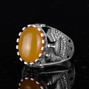 Doğal Sarı Akik Taş Yüzük, 925 Ayar Sert Gümüş İslami Yüzük Erkekler İçin - Görsel 4