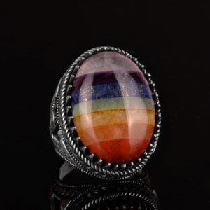 925 Ayar Gümüş Erkek Yüzük, 7 Çakra Doğal Taşı Yüzük, Gökkuşağı Yüzük, Tuğra Yüzük - Görsel 2