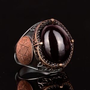 Doğal Garnet Taşlı Yüzük, Davut Yıldızı Yüzüğü - 925 Ayar Sert Gümüş Erkek Yüzüğü - Görsel 5