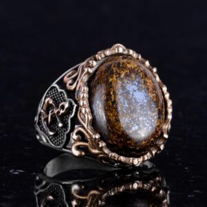 El Yapımı Gerçek Doğal Bronzit Taş Yüzük, Denizci Çapa Yüzüğü, 925 Ayar Katı Gümüş Erkek Yüzüğü - Görsel 5