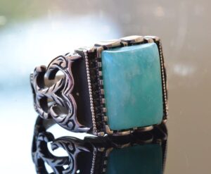 Gerçek Amazonit Dikdörtgen Taş Erkek Yüzük, 925 Ayar Gümüş - Görsel 3