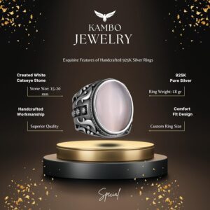 925 Ayar Gümüş Yüzük, Tasarım Gümüş Erkek Yüzüğü (Beyaz Kedi Gözlü Yapay Taş) - Görsel 2