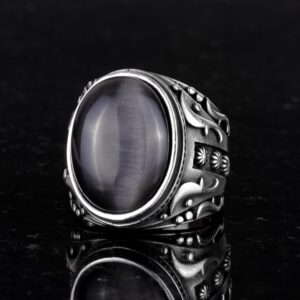 Oluşturulmuş Taş Yüzük, 925 Ayar Gümüş Yüzük, Tasarım Gümüş Erkek Yüzük (Siyah Catseye Oluşturulmuş Taş) - Görsel 5