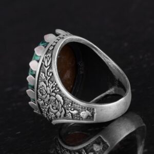Gerçek Doğal Taş Yüzük - Gül Desenli Yüzük - 925 Ayar Gümüş Yüzük - El Yapımı Büyük Yüzük (Malaşit) - Görsel 7